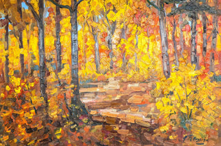 Une peinture d'une forêt en automne 