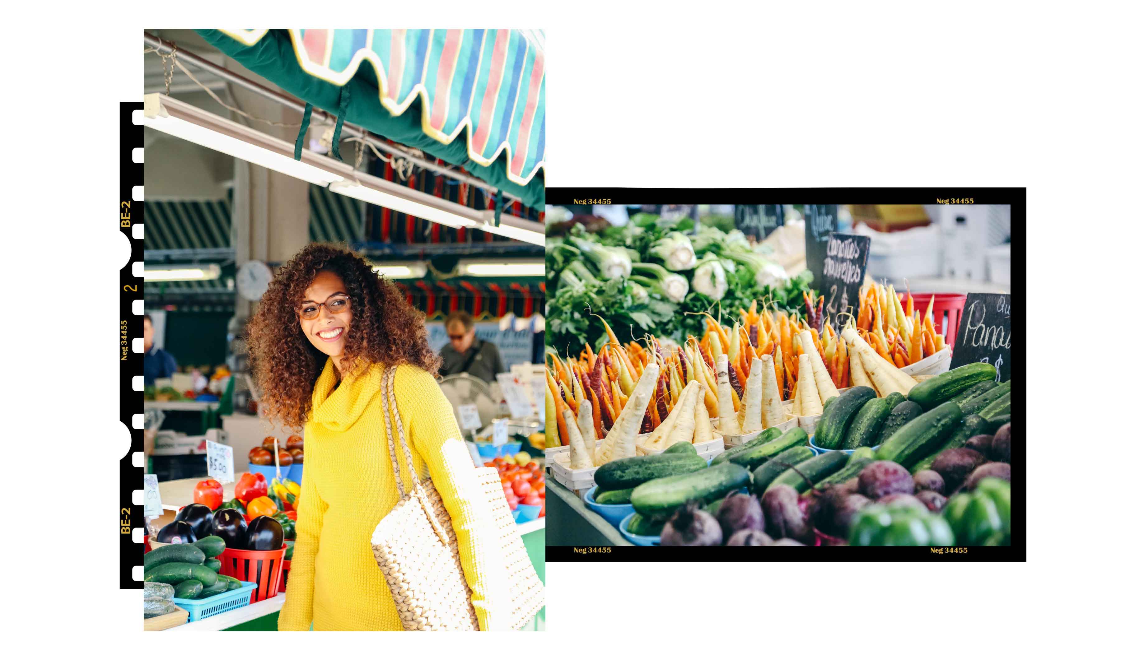 A beautiful woman picking vegetables at the farmers market wearing Seraphin Montclair glasses