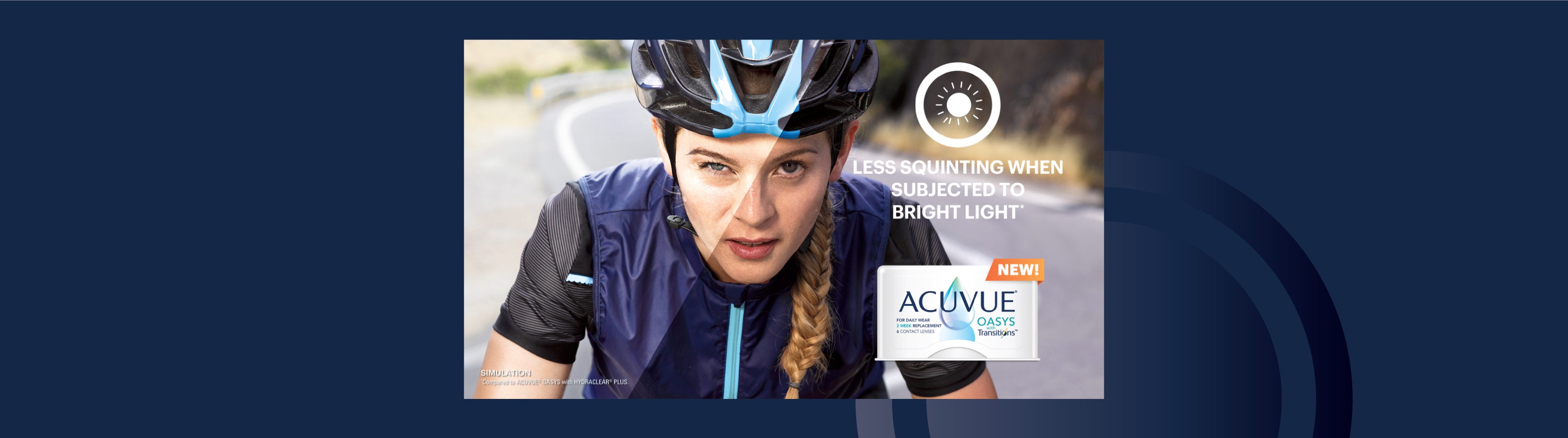 A cyclist is squinting less while wearing her Acuvue Oasys Transitions contact lenses