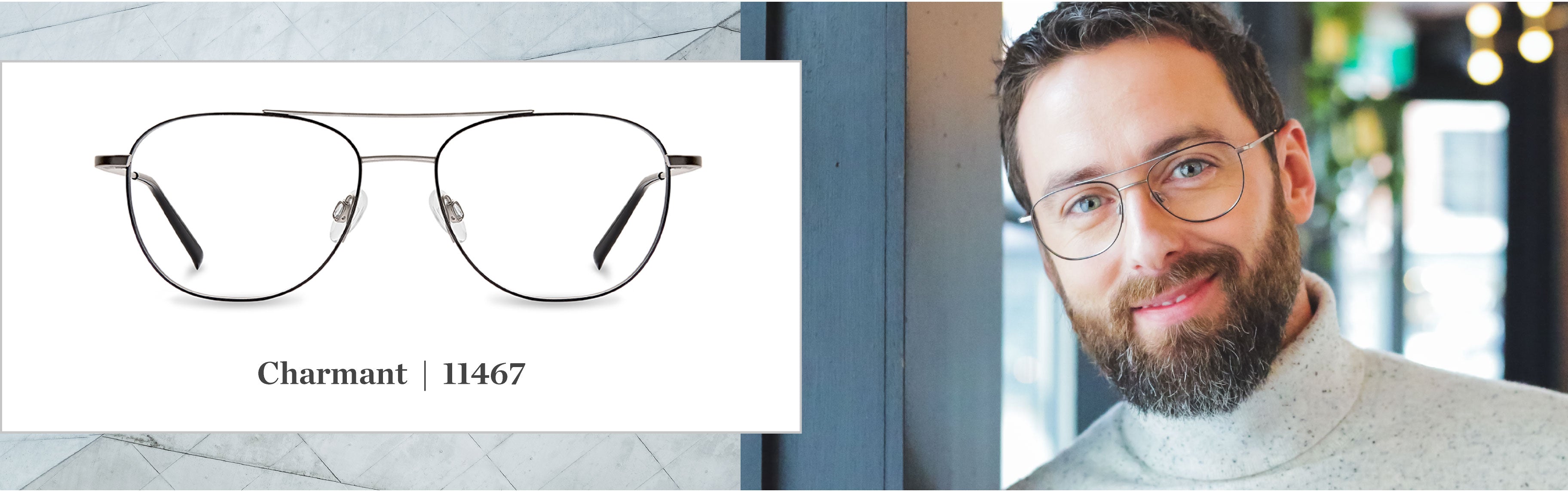 A man is standing in a coffee shop, smiling at the camera, wearing CHARMANT glasses.