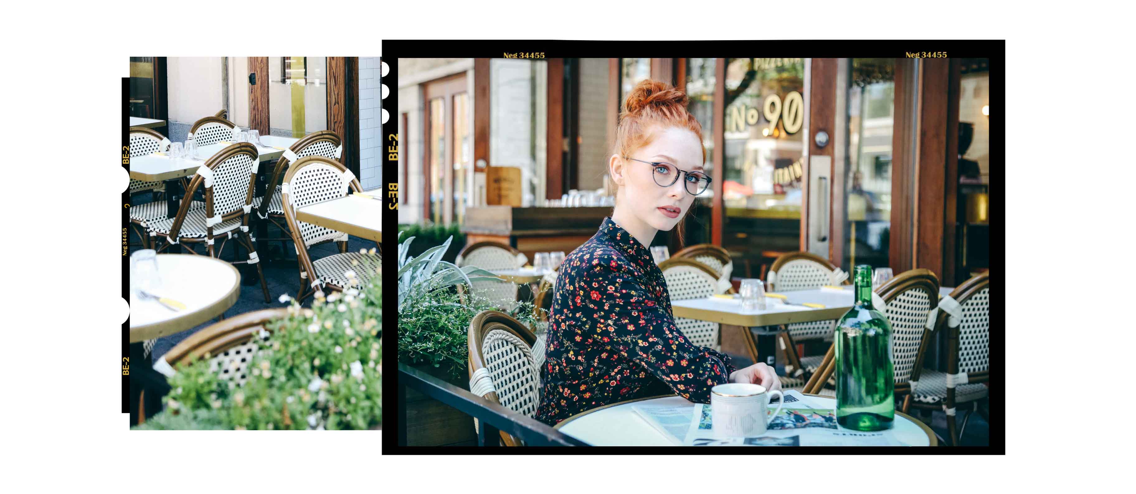 A red head woman sitting on the pizzeria 900 Bernard terrace wearing TLG 037 glasses