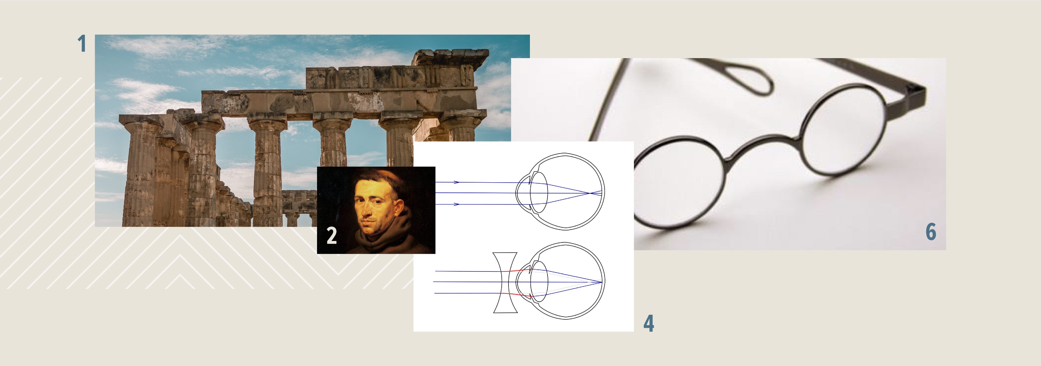 Collage of photos of old greek architecture, a Franciscan Monk painting, a graphic of myopia and glasses with rigid temples.