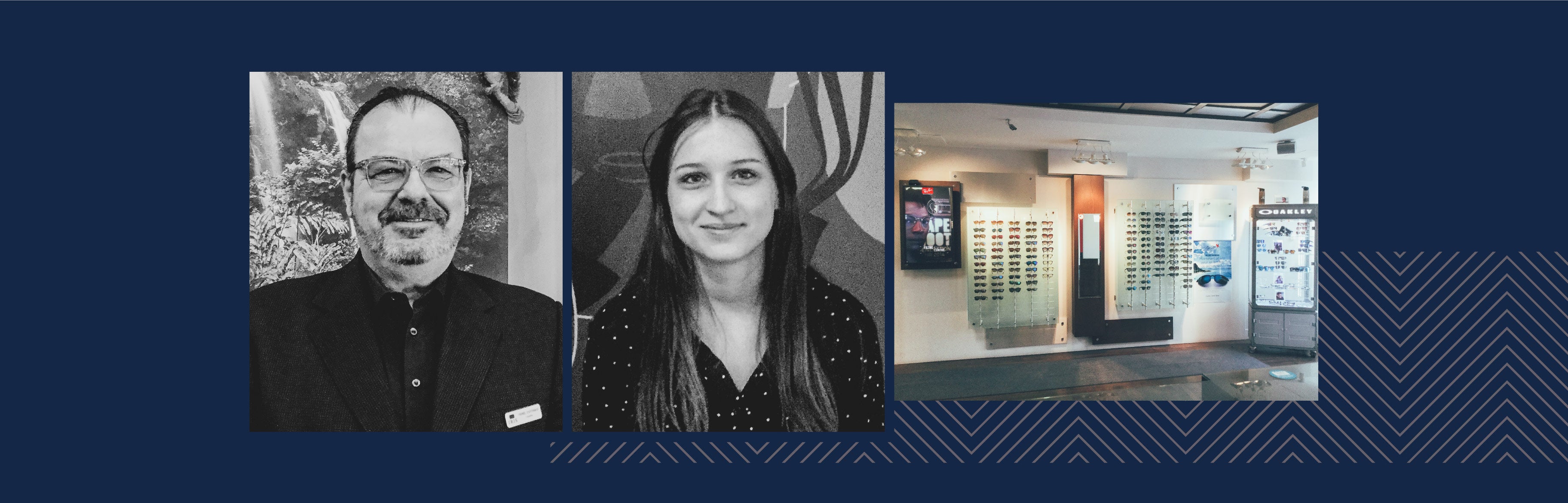 Collage of Pierre L'espérance and Héloïse Ganachaud as well as a store wall covered in sunglasses