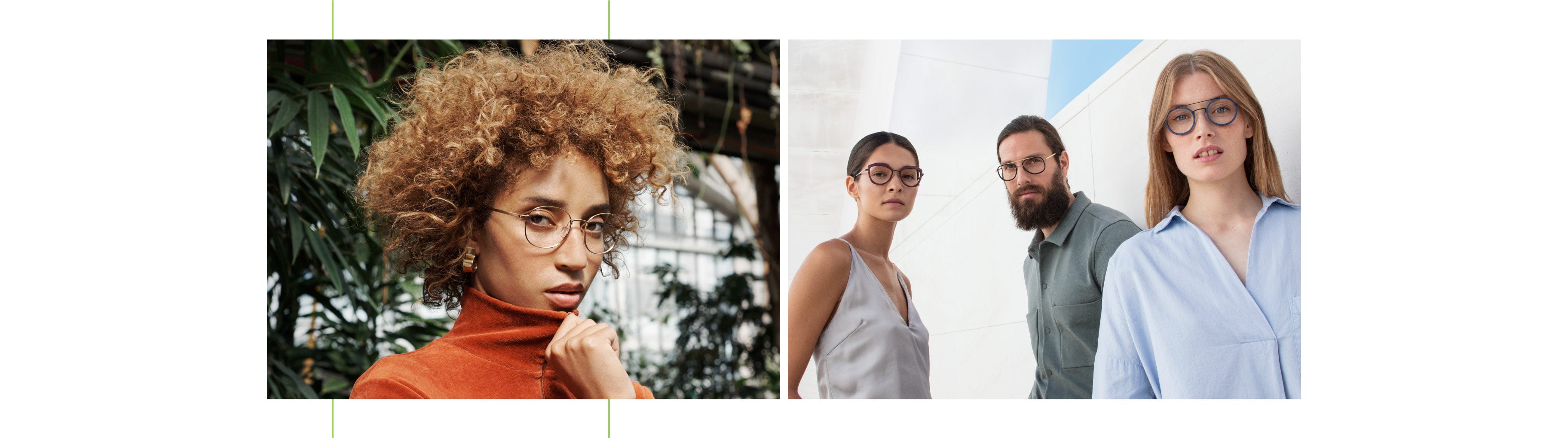 Collage of two photos: A model wearing an orange turtle neck and sleek metal neubau frames, and tree models wearing neubau frames wearing neutral colors