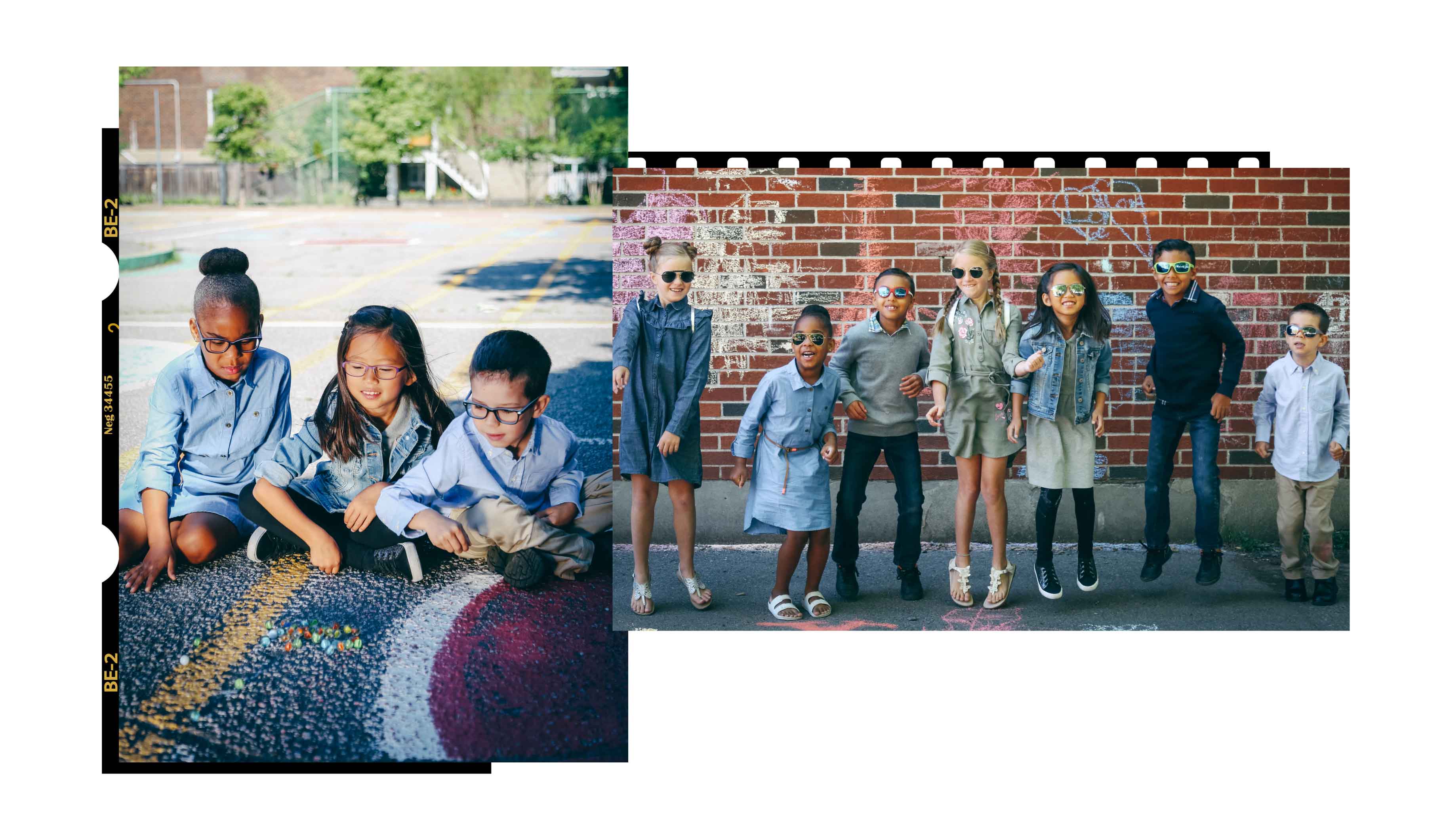 Kids wearing glasses shooting marbles and jumping in front of a brick wall on which they draw with a chalk