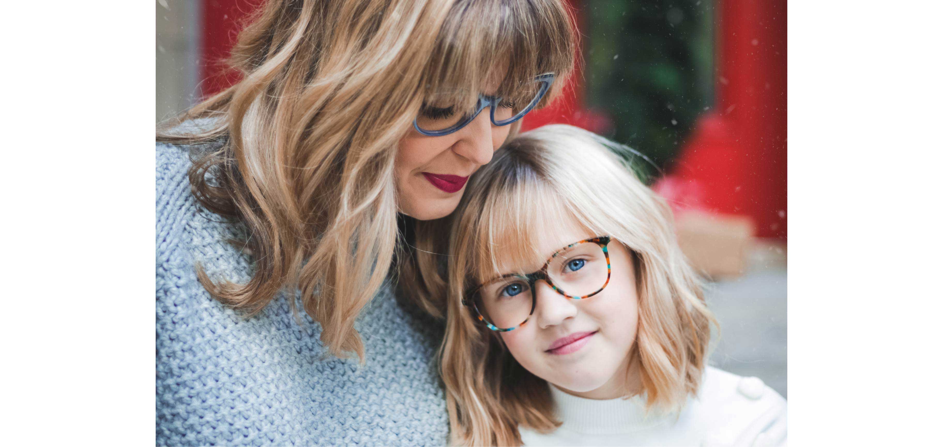 Vanessa Sicotte wearing Tiffany TF2147 glasses with her daughter Maddie wearing Reactive RE5275 glasses